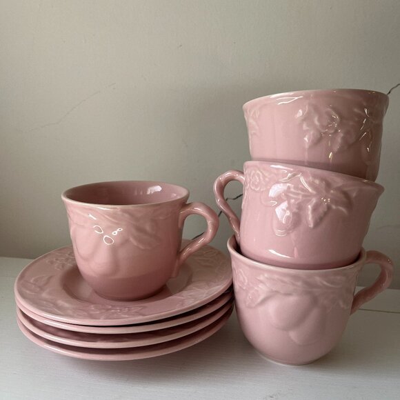 4 Vintage Teacups & Saucers / Fruit Promenade Peach by Savoir Vivre - Picture 1 of 4